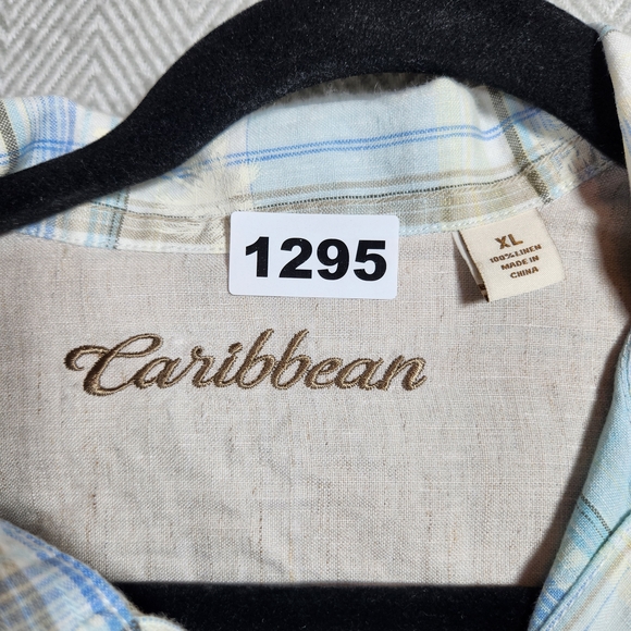 Caribbean Blue Plaid Palm Trees Men's XL Button Down Shirt - Picture 2 of 8